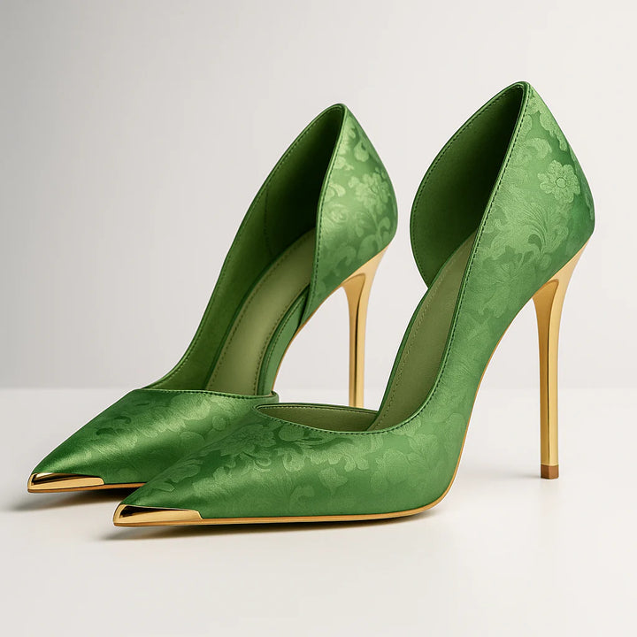 Verde Éclat™ – Gold-Tipped Satin Heels