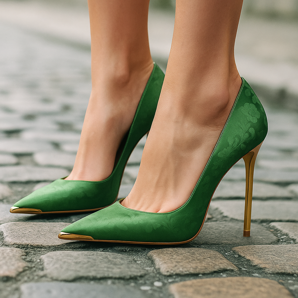 Verde Éclat™ – Gold-Tipped Satin Heels