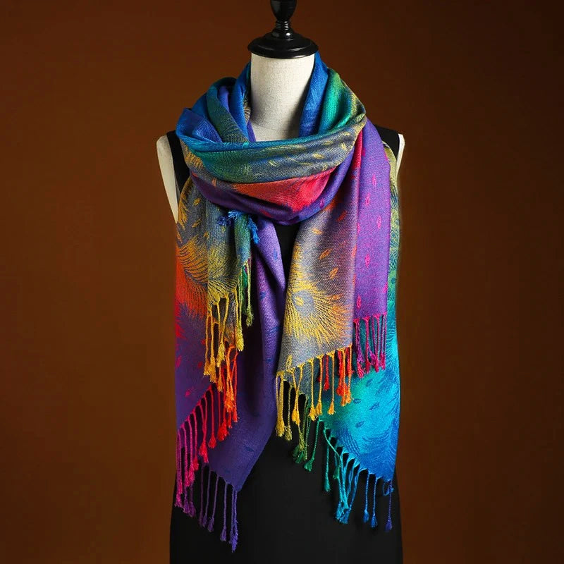 Feather Motif Women's Rainbow Gradient Jacquard Knit Scarf