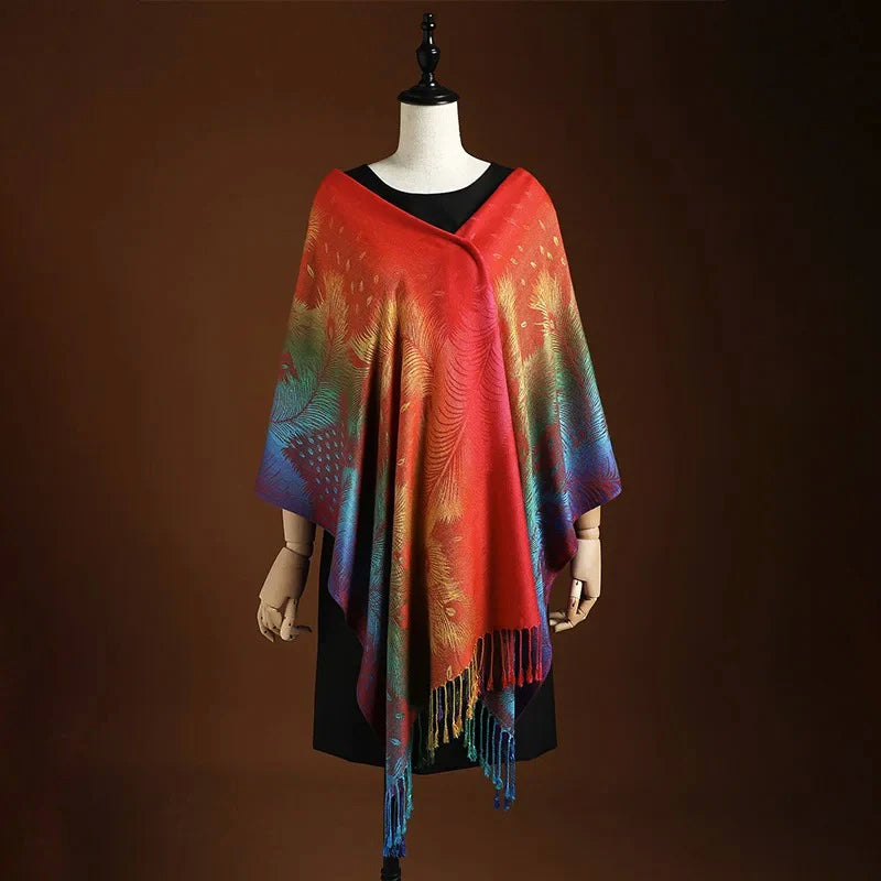 Feather Motif Women's Rainbow Gradient Jacquard Knit Scarf