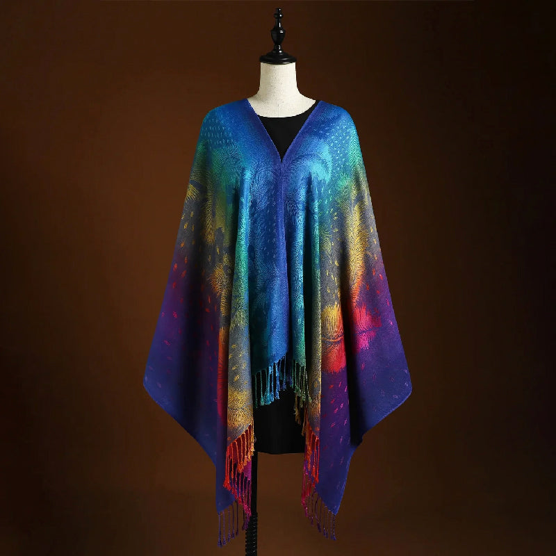 Feather Motif Women's Rainbow Gradient Jacquard Knit Scarf