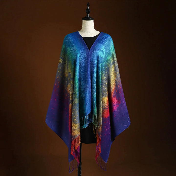 Feather Motif Women's Rainbow Gradient Jacquard Knit Scarf