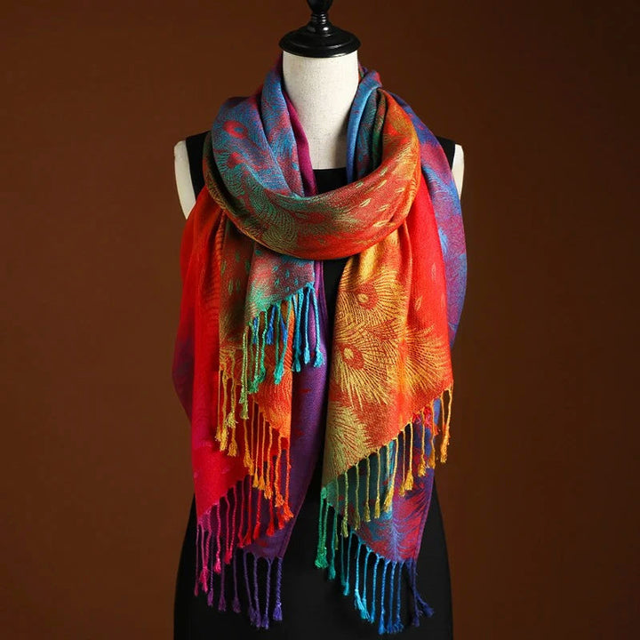 Feather Motif Women's Rainbow Gradient Jacquard Knit Scarf